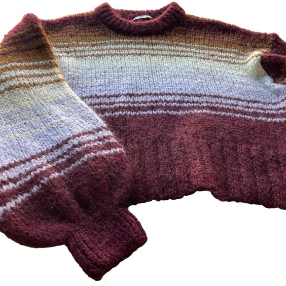 ZARA Wool Alpaca Chunky Knit Pullover Striped Sweater Burgundy Size Medium NWOT - Picture 7 of 11